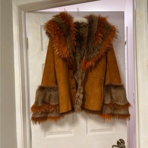 Luxurious real suede Fur Trimmed  Jacket - Tan and Orange